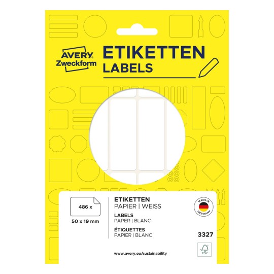 Opakowanie: Avery Zweckform uniwersalne etykiety nie w formacie A4 do ręcznego opisywania, artykuł: 3327, format: 50 x 19 mm, zawartość: 486 etykiet / 27 arkuszy, 18 etykiet/arkusz.