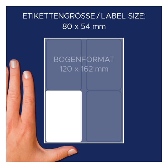 Porównanie rozmiaru z dłonią, artykuł: 3330, jeden arkusz etykiet wielofunkcyjnych, format: 80 x 54 mm, kolor: biały.