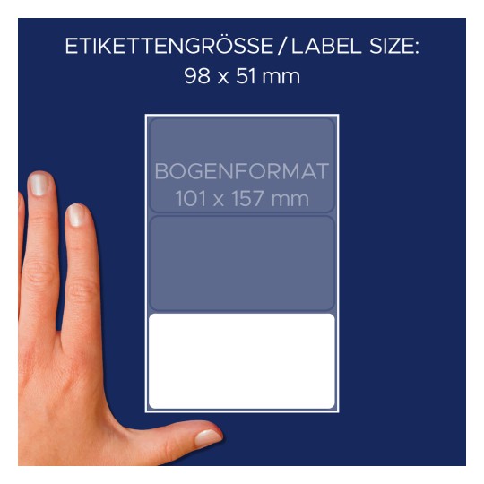 Porównanie wielkości z dłonią, artykuł: 3331, jeden arkusz etykiet uniwersalnych, format: 98 x 51 mm, kolor: biały.