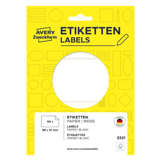 Opakowanie: Avery Zweckform etykiety uniwersalne Non A4 do ręcznego opisywania, artykuł: 3331, format: 98 x 51 mm, zawartość: 84 etykiety / 28 arkuszy, 3 etykiety/arkusz.