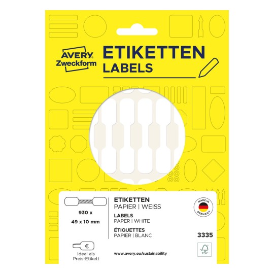 Opakowanie: Avery Zweckform Non A4 Etykiety cenowe do ręcznego opisu, artykuł: 3335, format: 49 x 10 mm, zawartość: 930 etykiet / 31 arkuszy, 30 etykiet/arkusz.