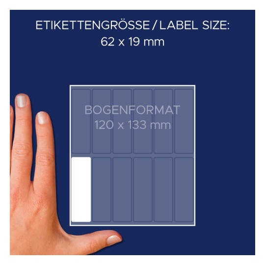 Porównanie rozmiaru z dłonią, artykuł: 3340, jeden arkusz etykiet uniwersalnych, format: 62 x 19 mm, kolor: biały.