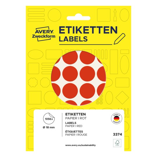 Opakowanie: Avery Zweckform kolorowe punkty oznaczające, artykuł: 3374, format: ⌀ 18 mm, zawartość: 1.056 punktów oznaczających / 22 arkusze, 48 punktów oznaczających/arkusz.