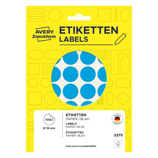 Ilustracja na opakowaniu: Avery Zweckform Kolorowe punkty do oznaczania, artykuł: 3375, format: ⌀ 18 mm, zawartość: 1.056 punktów do oznaczania / 22 arkuszy, 48 punktów do oznaczania/arkusz.