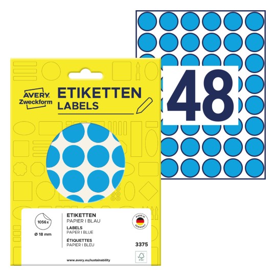 Opakowanie z etykietami: Avery Zweckform punkty do oznaczania, artykuł: 3375, format: ⌀ 18 mm, zawartość: 1.056 punktów do oznaczania / 22 arkusze, 48 punktów do oznaczania/arkusz.