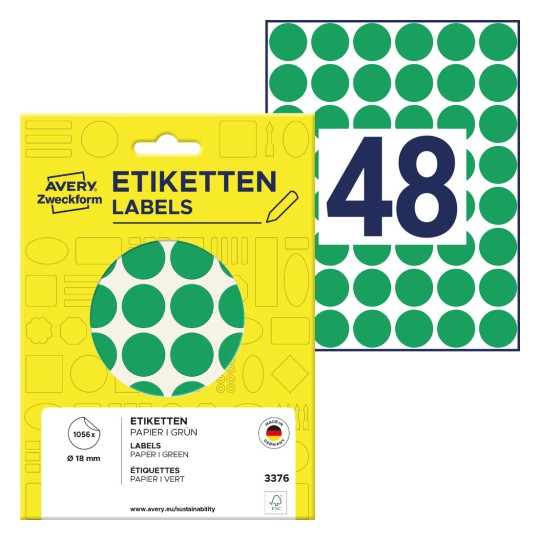 Opakowanie z arkuszem etykiet: Avery Zweckform punkty oznaczeniowe, artykuł: 3376, format: ⌀ 18 mm, zawartość: 1.056 punktów oznaczeniowych / 22 arkusze, 48 punktów oznaczeniowych/arkusz?