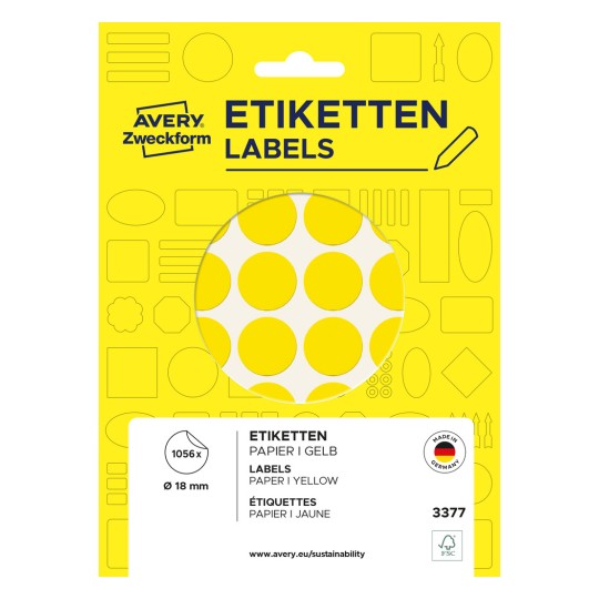 Ilustracja opakowania: Avery Zweckform Kolorowe punkty do oznaczania, artykuł: 3377, format: ⌀ 18 mm, zawartość: 1.056 punktów do oznaczania / 22 arkuszy, 48 punktów do oznaczania/arkusz.