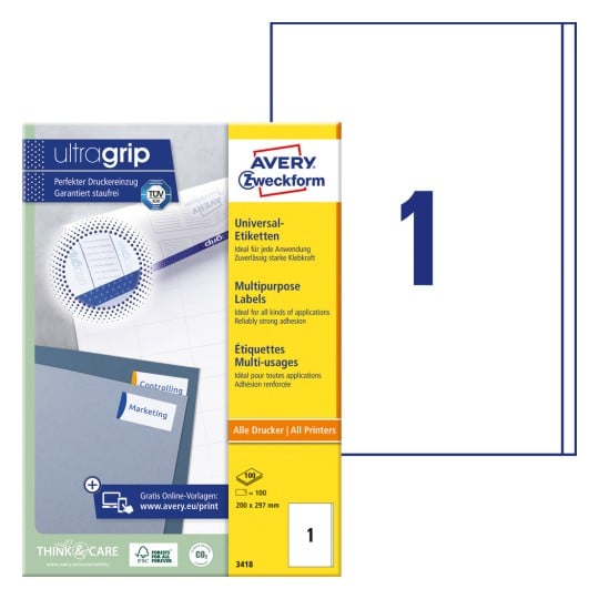 Opakowanie z arkuszem etykiet: Avery Zweckform Uniwersalne Etykiety, Artykuł: 3418, Format: 200 x 297 mm, Przeznaczenie do druku: Inkjet, drukarki laserowe czarno-białe, kolorowe drukarki laserowe, Zawartość: 100 etykiet / 100 arkuszy, 1 etykieta/arkusz?