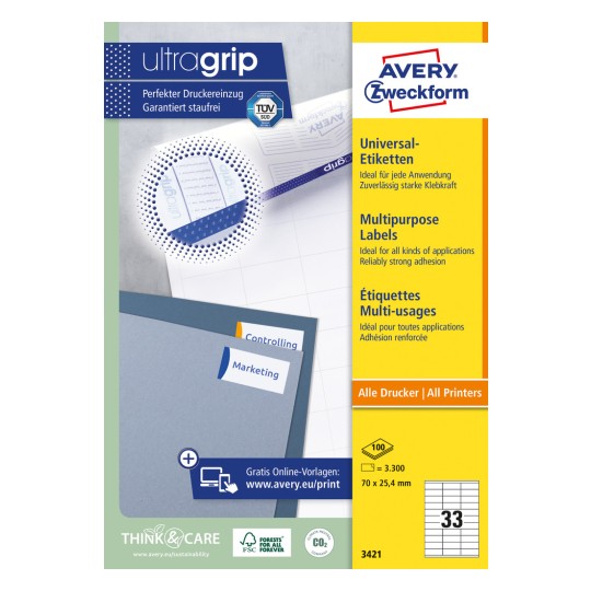 Opakowanie: Avery Zweckform Uniwersalne Etykiety, trwale przylepne, artykuł: 3421, format: 70 x 25,4 mm, do druku: Inkjet, Laser czarno-biały, kolorowy laser, zawartość: 3.300 etykiet / 100 arkuszy, 33 etykiety/arkusz.