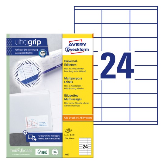 Opakowanie z arkuszem etykiet: Avery Zweckform Uniwersalne Etykiety, artykuł: 3422, format: 70 x 35 mm, zgodność z drukarkami: Inkjet, Laser czarno-biały, laser kolorowy, zawartość: 2.400 etykiet / 100 arkuszy, 24 etykiety/arkusz.