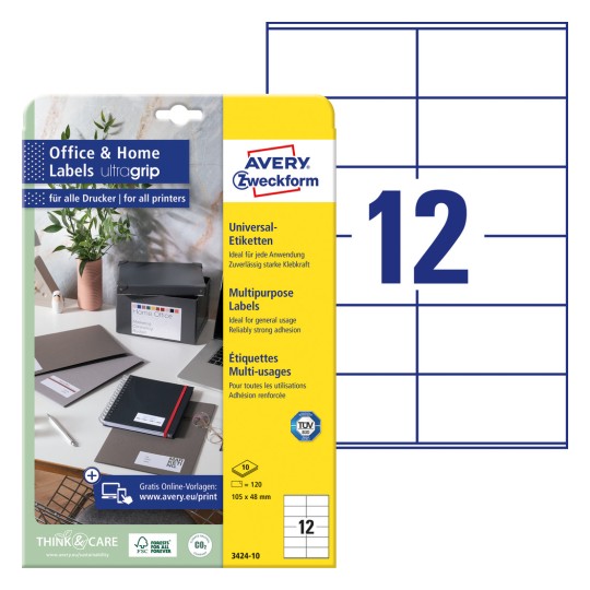 Opakowanie z arkuszem etykiet: Etykiety Avery Zweckform, Home Office, Małe opakowanie, Artykuł: 3424-10, Format: 105 x 48 mm, Nadaje się do drukarek: atramentowych, laserowych czarno-białych, laserowych kolorowych, Zawartość: 120 etykiet / 10 arkuszy, 12 etykiet/arkusz.