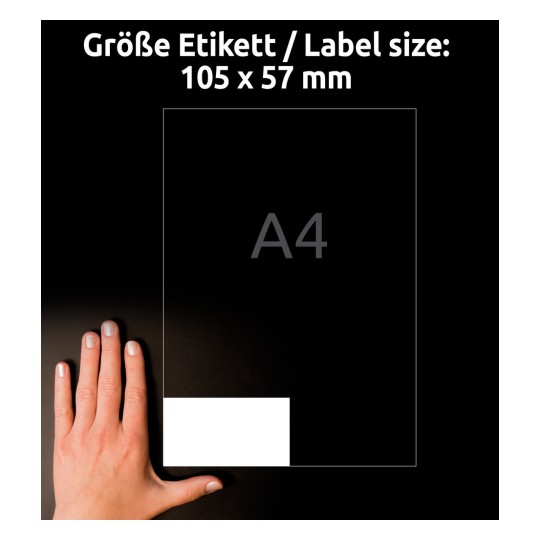 Porównanie rozmiarów z ręką, artykuł: 3425, jeden arkusz uniwersalnych etykiet, format: 105 x 57 mm, kolor: biały?