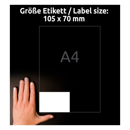 Porównanie wielkości z dłonią, artykuł: 3426, jeden arkusz uniwersalnych etykiet, format: 105 x 70 mm, kolor: biały.