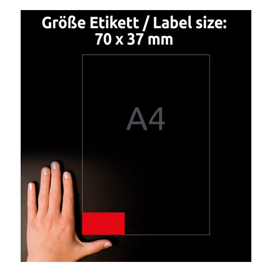 Porównanie wielkości z ręką, artykuł: 3448, arkusz kolorowych etykiet, format: 70 x 37 mm, kolor: czerwony.