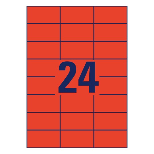 Rysunek wykroju pojedynczy arkusz A4, artykuł: 3448, kolorowe etykiety, format: 70 x 37 mm, 24 etykiety/arkusz.
