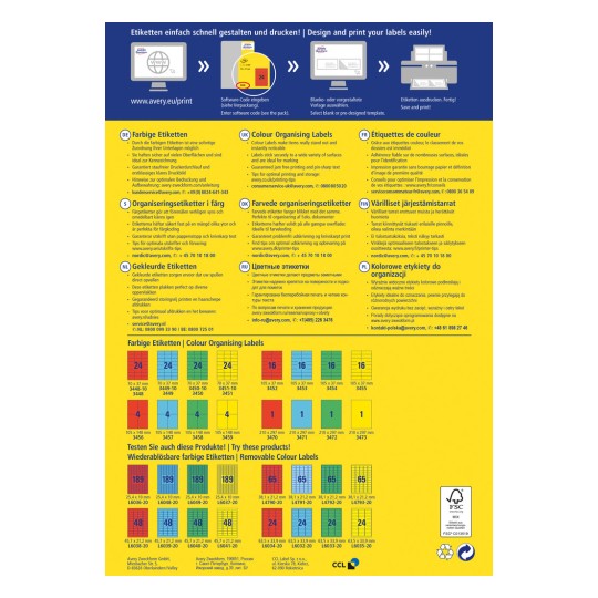 Obraz przedstawia kolorowy przewodnik po produktach etykiet Avery, w tym różne rodzaje etykiet organizacyjnych, ich rozmiary i wskazówki dotyczące projektowania. Zawiera wiele sekcji w różnych językach promujących drukowanie i używanie etykiet.
