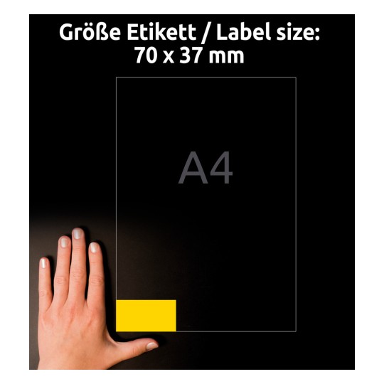 Porównanie rozmiaru z ręką, Artykuł: 3451, jeden arkusz kolorowych etykiet, format: 70 x 37 mm, kolor: żółty.