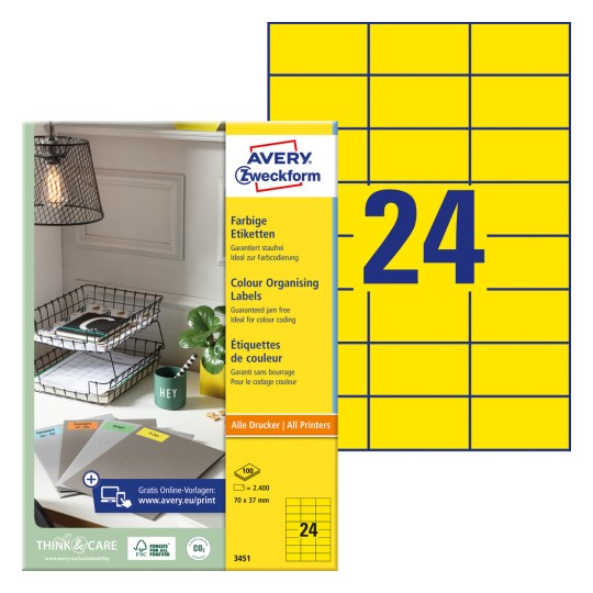 Opakowanie z arkuszem etykiet: Avery Zweckform Kolorowe etykiety, artykuł: 3451, format: 70 x 37 mm, do drukowania: atramentowe, laser czarno-biały, laser kolorowy, zawartość: 2.400 etykiet / 100 arkuszy, 24 etykiety/arkusz.