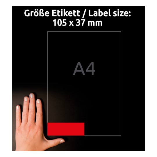 Porównanie rozmiaru z dłonią, artykuł: 3452, jeden arkusz kolorowych etykiet, format: 105 x 37 mm, kolor: czerwony.