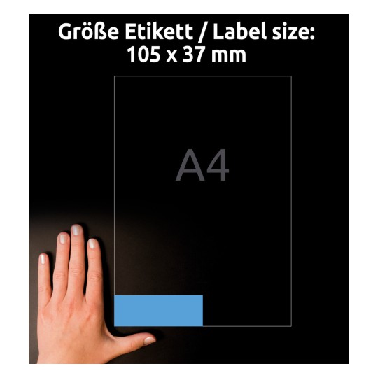 Porównanie wielkości z ręką, artykuł: 3453, jeden arkusz kolorowych etykiet, format: 105 x 37 mm, kolor: niebieski.