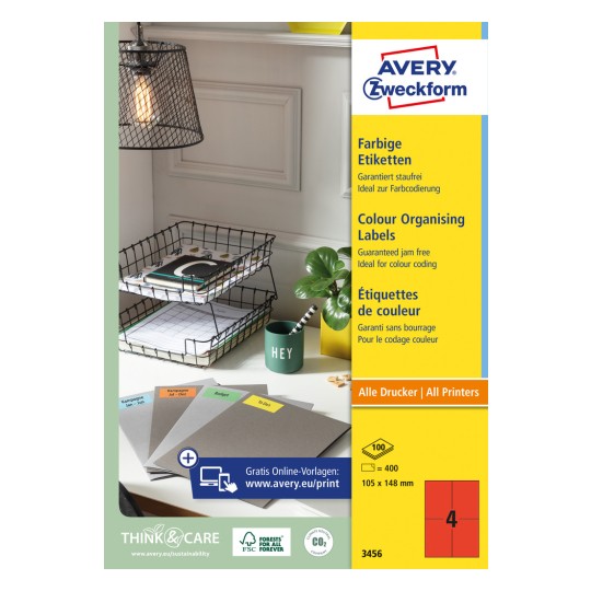 Ozdobne opakowanie: Avery Zweckform Kolorowe Etykiety, trwałe, Nr artykułu: 3456, Format: 105 x 148 mm, Typ drukarki: Atramentowa, Laser czarno-biały, Laser kolorowy, Zawartość: 400 etykiet / 100 arkuszy, 4 etykiety/arkusz.