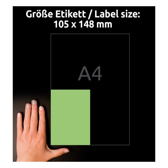 Porównanie wielkości z dłonią, artykuł: 3458, jeden arkusz kolorowych etykiet, format: 105 x 148 mm, kolor: zielony.