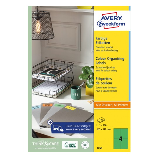 Opakowanie: Avery Zweckform Kolorowe Etykiety, trwałe, Artykuł: 3458, Format: 105 x 148 mm, Nadaje się do druku: Inkjet, Laser czarno-biały, Laser kolorowy, Zawartość: 400 etykiet / 100 arkuszy, 4 etykiety/arkusz.