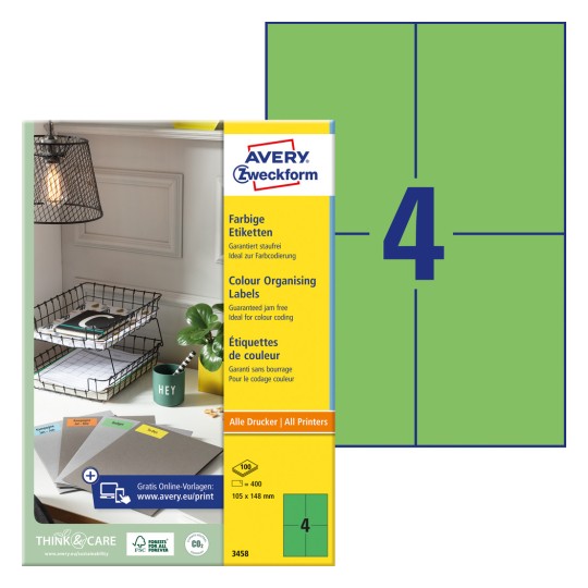 Opakowanie z arkuszem etykiet: Avery Zweckform Etykiety kolorowe, Artykuł: 3458, Format: 105 x 148 mm, Odpowiednie do druku: Inkjet, Laser czarno-biały, Laser kolorowy, Zawartość: 400 etykiet / 100 arkuszy, 4 etykiety/arkusz.