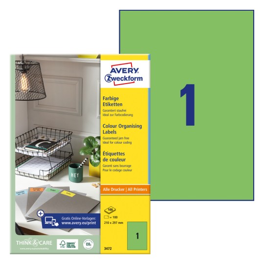 Opakowanie z arkuszem etykiet: Avery Zweckform Kolorowe Etykiety, Artykuł: 3472, Format: 210 x 297 mm, Drukowanie: Inkjet, laser czarno-biały, laser kolorowy, Zawartość: 100 etykiet / 100 arkuszy, 1 etykieta/arkusz?