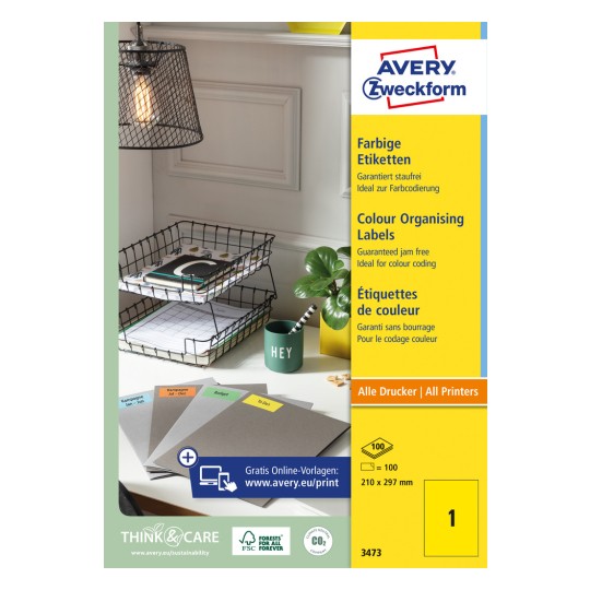 Opakowanie: Avery Zweckform Kolorowe etykiety, trwałe, Artykuł: 3473, Format: 210 x 297 mm, Nadaje się do drukowania: Inkjet, laser czarno-biały, laser kolorowy, Zawartość: 100 etykiet / 100 arkuszy, 1 etykieta/arkusz.