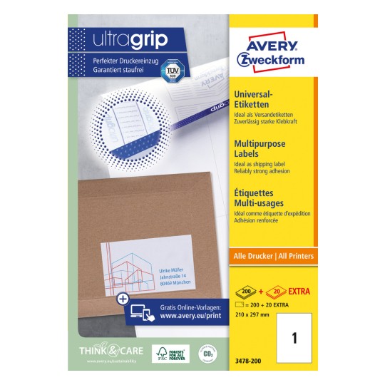 Opakowanie: Avery Zweckform uniwersalne etykiety, trwałe, artykuł: 3478-200, format: 210 x 297 mm, do drukarek: atramentowe, laserowe czarno-białe, kolorowe lasery, zawartość: 220 etykiet / 220 arkuszy, 1 etykieta/arkusz.
