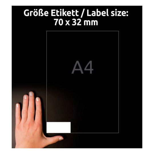 Porównanie z dłonią, artykuł: 3479, jeden arkusz etykiet uniwersalnych, format: 70 x 32 mm, kolor: biały.