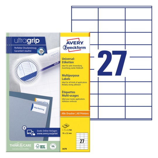 Opakowanie z arkuszem etykiet: Avery Zweckform Uniwersalne Etykiety, Artykuł: 3479, Format: 70 x 32 mm, Zastosowanie drukarki: Inkjet, Laser czarno-biały, Laser kolorowy, Zawartość: 2.700 etykiet / 100 arkuszy, 27 etykiet/arkusz.