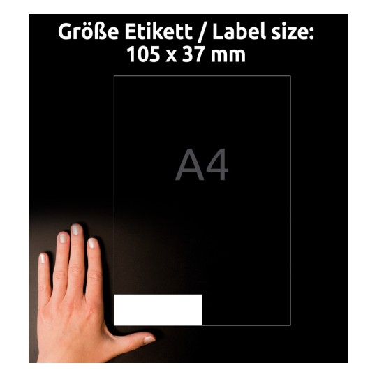 Porównanie wielkości z dłonią, Artykuł: 3484-200, jeden arkusz uniwersalnych etykiet, format: 105 x 37 mm, kolor: biały.