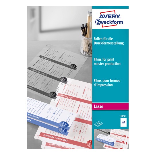 Opakowanie: Avery Zweckform folie laserowe do produkcji form drukarskich, artykuł: 3491, format: 210 x 297 mm, do drukarek: laser czarno-biały, zawartość: 100 arkuszy.