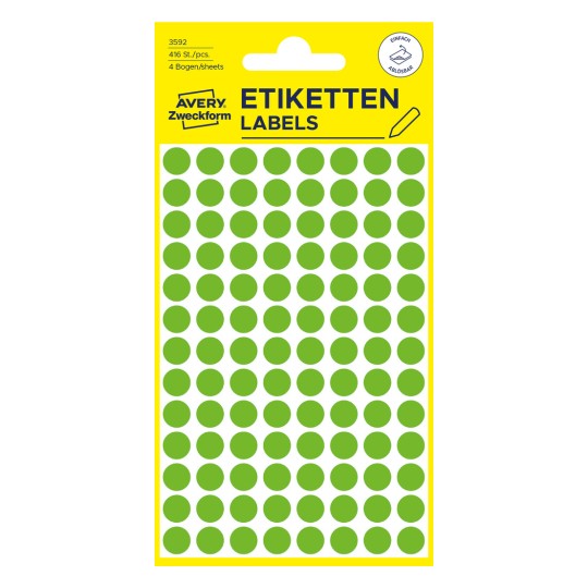 Opakowanie: Avery Zweckform Kolorowe punkty oznaczeniowe, Artykuł: 3592, Format: ⌀ 8 mm, Zawartość: 416 punktów oznaczeniowych / 4 arkusze, 104 punkty oznaczeniowe/arkusz