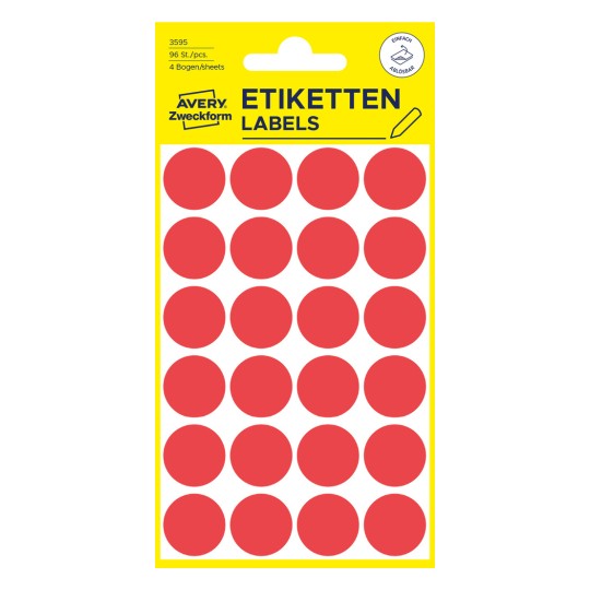 Opakowanie: Avery Zweckform Kolorowe Punkty Markujące, Artykuł: 3595, Format: ⌀ 18 mm, Zawartość: 96 Punktów Markujących / 4 Arkusze, 24 Punkty Markujące/Arkusz.