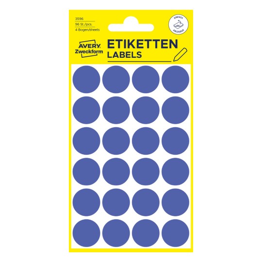 Opakowanie: Avery Zweckform Kolorowe punkty oznaczeniowe, artykuł: 3596, format: ⌀ 18 mm, zawartość: 96 punktów oznaczeniowych / 4 arkusze, 24 punkty oznaczeniowe/arkusz