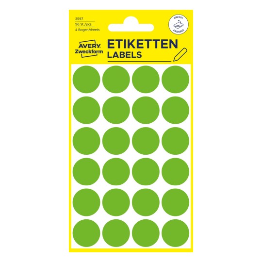 Opakowanie: Avery Zweckform Kolorowe Kropki Oznaczeniowe, Artykuł: 3597, Format: ⌀ 18 mm, Zawartość: 96 Kropek Oznaczeniowych / 4 Arkusze, 24 Kropki Oznaczeniowe/Arkusz