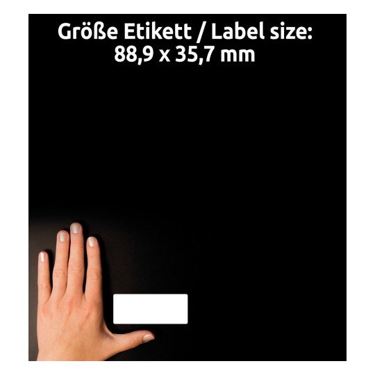 Porównanie rozmiaru z ręką, artykuł: 3615, jeden arkusz etykiet komputerowych, format: 88,9 x 35,7 mm, kolor: biały