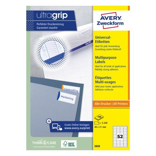 Opakowanie: Avery Zweckform Uniwersalne Etykiety, permanentne, Artykuł: 3650, Format: 48 x 21 mm, Odpowiednie do drukarek: Inkjet, Laser czarno-biały, Kolorowy laser, Zawartość: 5.200 etykiet / 100 arkuszy, 52 etykiety/arkusz.