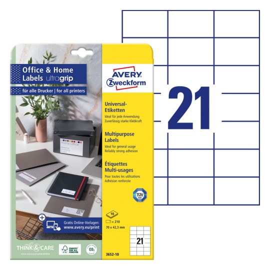 Opakowanie z arkuszem etykiet: Etykiety Avery Zweckform, Home Office, małe opakowanie, artykuł: 3652-10, format: 70 x 42,3 mm, odpowiednie do drukarek: atramentowych, laserowych czarno-białych, kolorowych laserowych, zawartość: 210 etykiet / 10 arkuszy, 21 etykiet/arkusz.