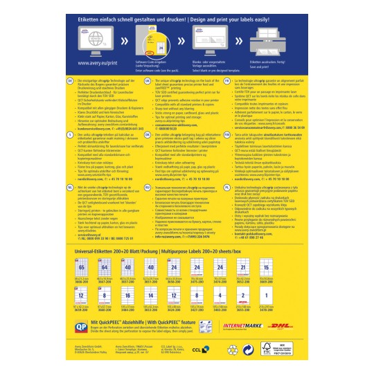 Obraz omówienia produktu etykiet Avery, przedstawiający specyfikacje i funkcje, takie jak technologia QuickPEEL i wymiary etykiet. Zawiera informacje w wielu językach oraz wskazówki dotyczące drukowania i użytkowania.