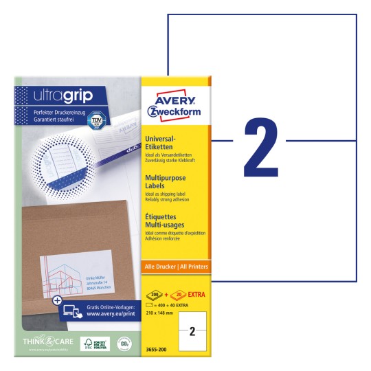 Opakowanie z arkuszem etykiet: Avery Zweckform etykiety uniwersalne, artykuł: 3655-200, format: 210 x 148 mm, nadają się do drukarek: Inkjet, laser czarno-biały, laser kolorowy, zawartość: 440 etykiet / 220 arkuszy, 2 etykiety/arkusz.