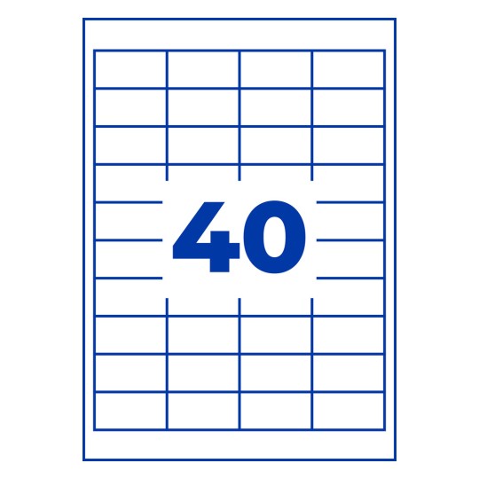 Stanzowanie na pojedynczym arkuszu A4, Artykuł: 3657, Uniwersalne etykiety, Format: 48,5 x 25,4 mm, 40 etykiet/arkusz.