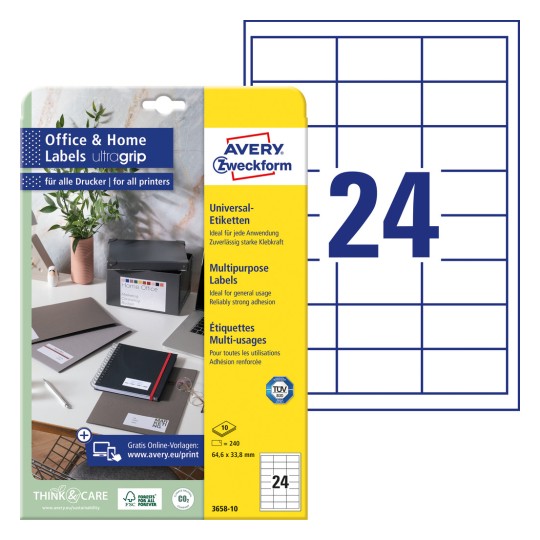 Opakowanie z arkuszem etykiet: Avery Zweckform etykiety, Home Office, Małe opakowanie, Produkt: 3658-10, Format: 64,6 x 33,8 mm, Nadaje się do drukowania: atramentowe, laser czarno-biały, kolorowy laser, Zawartość: 240 etykiet / 10 arkuszy, 24 etykiety/arkusz.