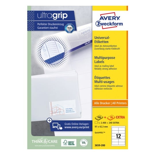 Opakowanie: Avery Zweckform Uniwersalne Etykiety, trwale przylegające, Artykuł: 3659-200, Format: 97 x 42,3 mm, Nadają się do drukarek: Inkjet, Laser czarno-biały, Laser kolorowy, Zawartość: 2.640 etykiet / 220 arkuszy, 12 etykiet/arkusz.