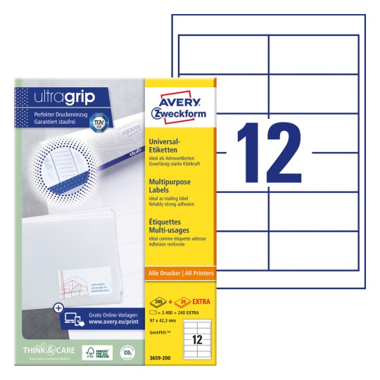 Opakowanie z arkuszami etykiet: Avery Zweckform Universalne Etykiety, Artykuł: 3659-200, Format: 97 x 42,3 mm, Kompatybilność z drukarką: Inkjet, Laser czarno-biały, Laser kolorowy, Zawartość: 2.640 etykiet / 220 arkuszy, 12 etykiet/arkusz.