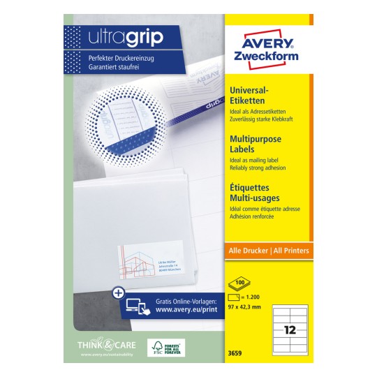Opakowanie: Avery Zweckform Etykiety uniwersalne, trwale przylepne, artykuł: 3659, format: 97 x 42,3 mm, kompatybilność: Inkjet, Laser czarno/biały, laser kolorowy, zawartość: 1.200 etykiet / 100 arkuszy, 12 etykiet/arkusz.