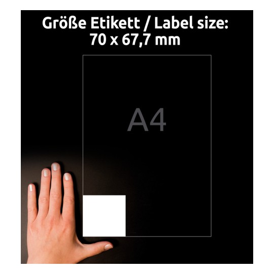 Porównanie wielkości z dłonią, Artykuł: 3661, jeden arkusz etykiet uniwersalnych, format: 70 x 67,7 mm, kolor: biały.